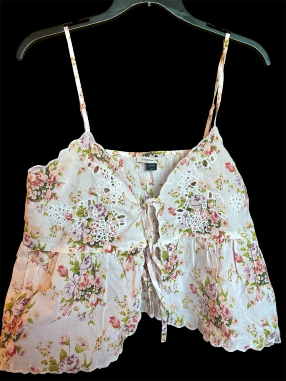 American Eagle Outfitters White Floral Lace-Trim Tie Front Cami